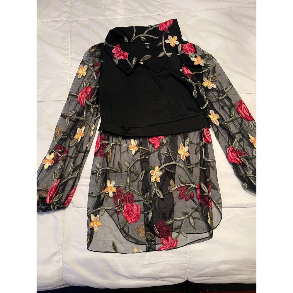 SHEIN Women's L Black Floral Embroidered Mesh 2-in-1 Layered Top